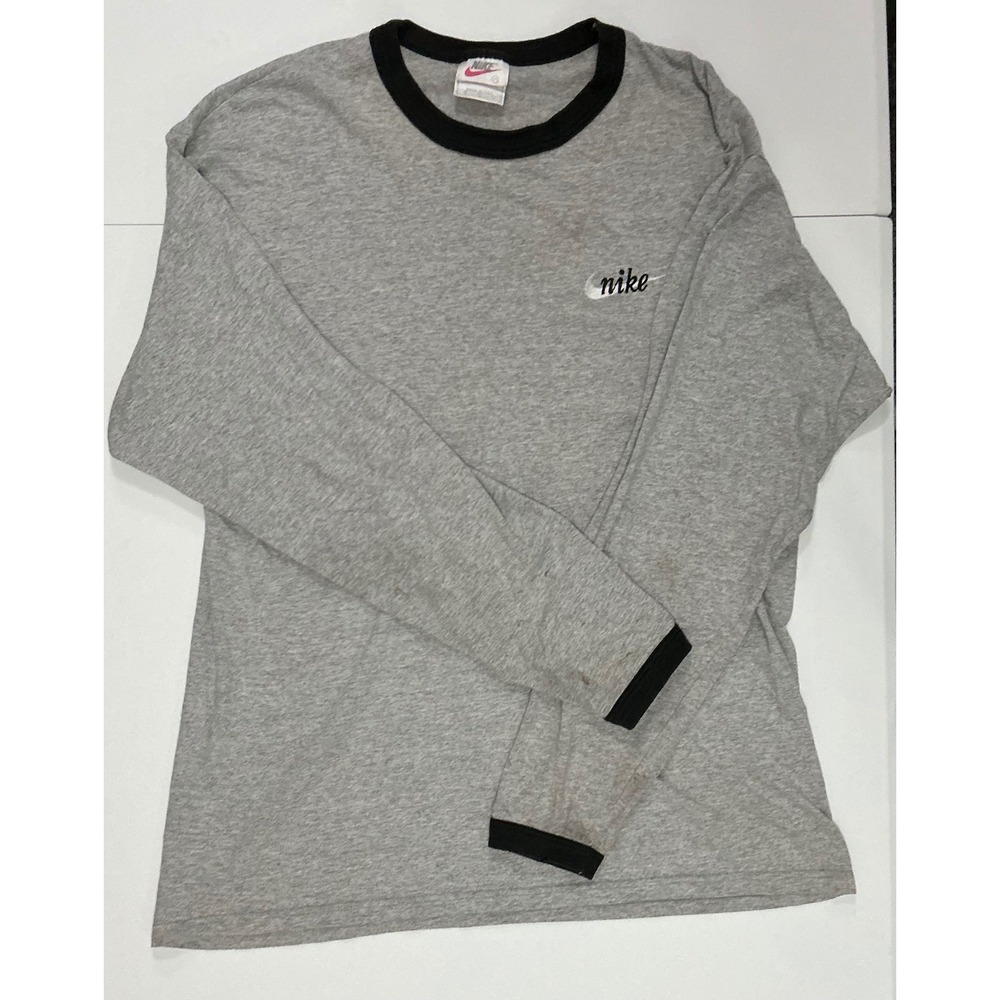 VTG USA Made 90s Nike Gray Long Sleeve Swoosh Ringer T Shirt Mens M Distressed